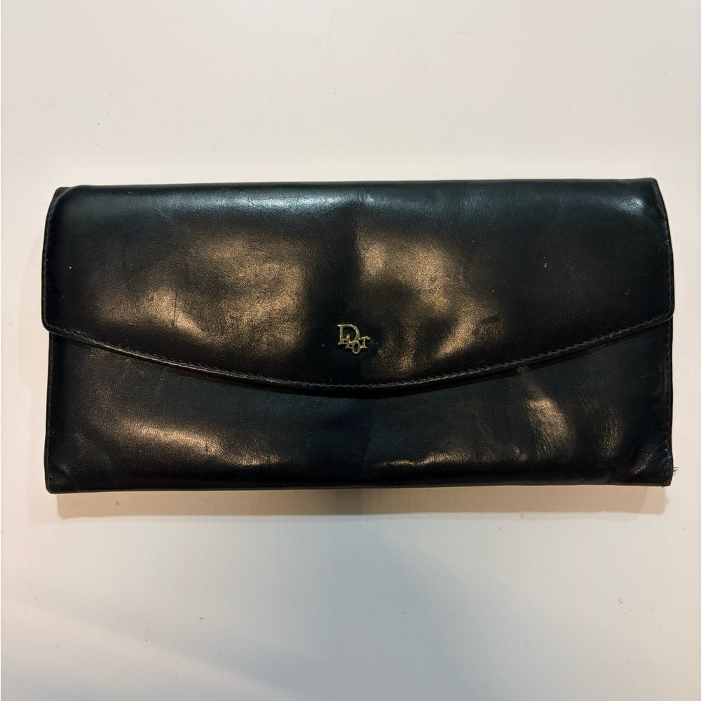 Vintage Christian Dior Black Leather Wallet Made in Spain 90s - AUTHENTIC